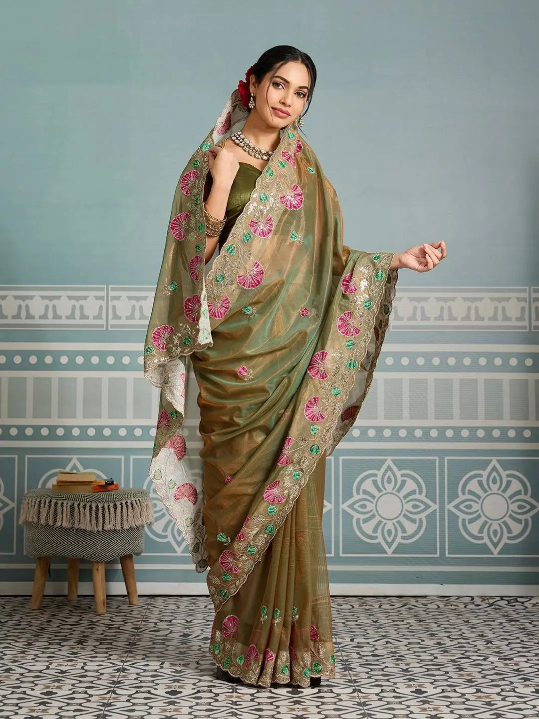 Olive Green Embroidery Work Soft Net Saree - kalyanja